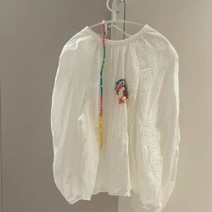 Mira Mikati Embroidered Boho Blouse White Cotton Peasant Top Sea NY Style Size S